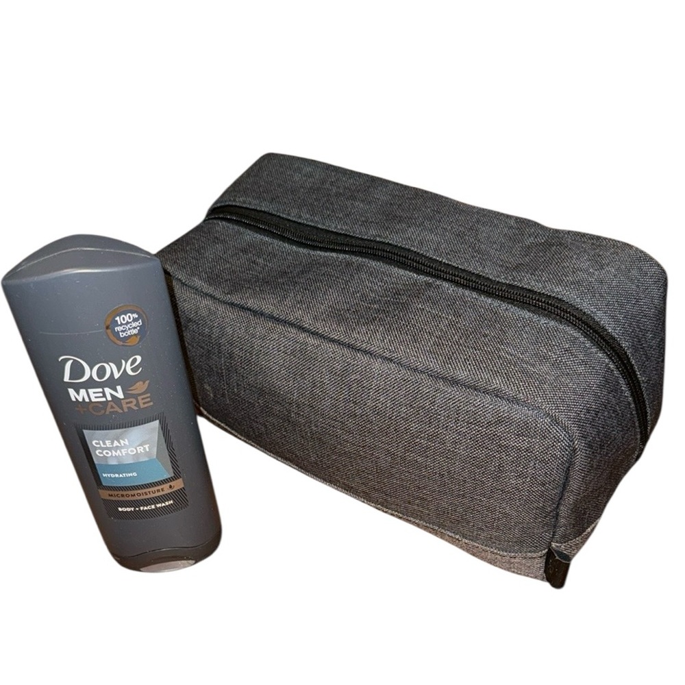•AXE & DOVE•NWOT MENS COLORBLOCK HEATHERED GRAY TOILETRY BAG AND DOVE BODY WASH
